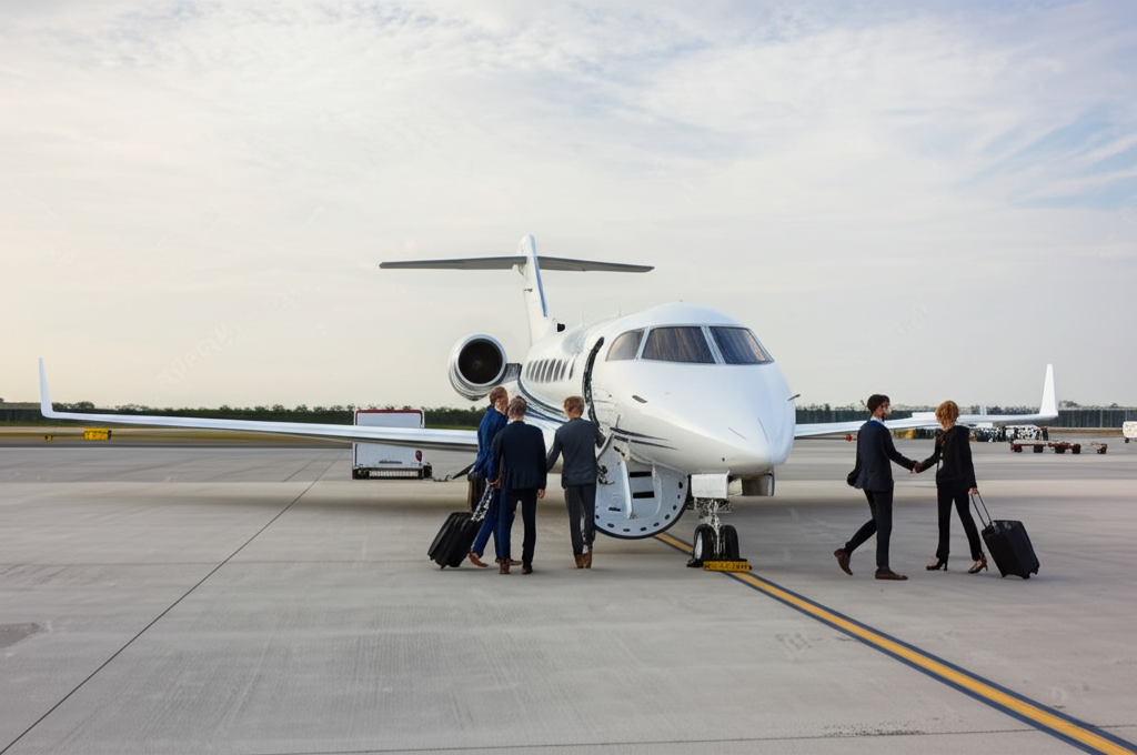 Business executives boarding ExecuFlight private jet
